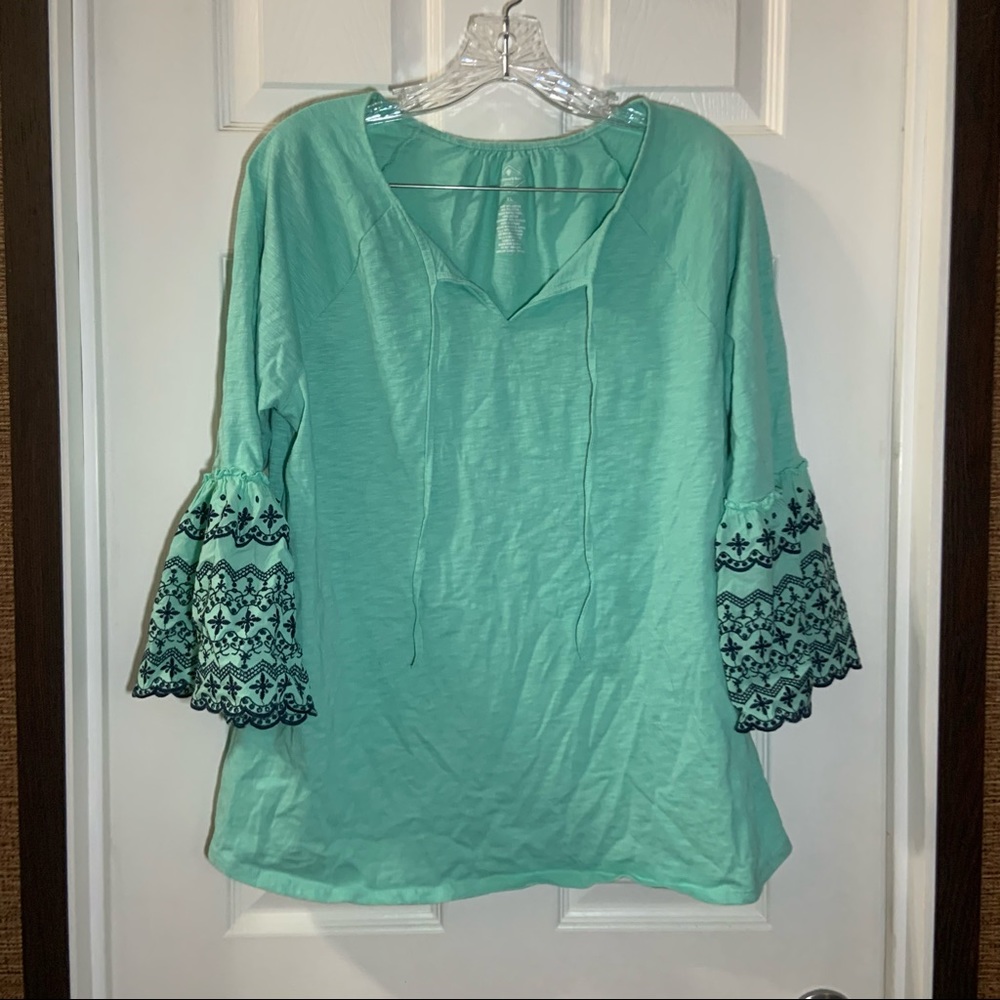 St. John’s Bay Teal/Mint Green V Neck 3/4 Bell Sleeve Top XL